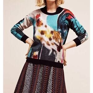 Anthropologie Womens Rooster Sweater Artwork Lauren C Walcott Fuzzy Novelty Soft